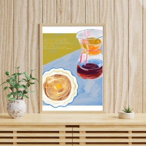 Peut inclure: Une peinture représentant une scène de petit-déjeuner avec une assiette de crêpes, une carafe de café et une note manuscrite qui dit : "J'ai envie de manger des crêpes pour le dîner. J'ai envie de me coincer dans tes cheveux. J'ai envie de regarder un mauvais film ensemble. Et quand on est malade, j'ai envie de sortir sur le balcon. J'ai envie de dormir tard. J'ai envie de te donner tous mes biscuits."