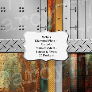 May include: A digital art composition featuring various metal textures, including diamond plate, rusted surfaces, and stainless steel. The image includes screws and rivets, with the text "Metals" and "20 Designs".
