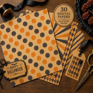 May include: A collection of 30 digital papers featuring orange and black patterns including polka dots, stripes, and diamonds. The set includes a tag labeled Happy Halloween and a circular badge stating 30 Digital Papers 12x12 inches 300 DPI.