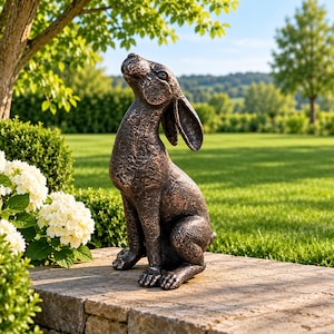 May include: A bronze-coloured sculpture of a hare in a seated position with its head tilted upwards. The figure features a textured, weathered surface finish, long ears, and a detailed facial expression, capturing the animal looking towards the sky.