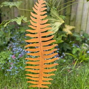 May include: A rusty brown metal fern leaf sculpture with a long stem. The sculpture is standing in a bed of green grass.