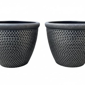May include: Two dark grey, textured planters with a woven brick pattern. The planters have a wide, textured rim and a tapered shape. The background is plain white.