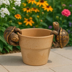 May include: A terracotta-coloured plant pot with two bronze-effect turtle sculptures as handles. The turtles have detailed shells and realistic features. The pot sits on a stone surface, with a blurred backdrop of colourful flowers in the garden.