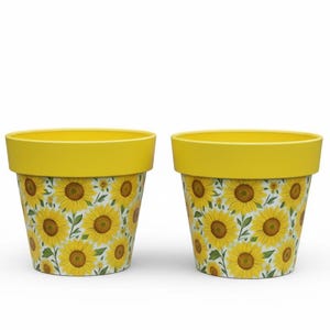 May include: Two flower pots with a yellow rim and a white base. The base is decorated with a pattern of yellow sunflowers with brown centres and green leaves. The rims are a bright yellow colour.
