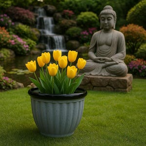 May include: A tranquil garden scene with a grey flower pot holding bright yellow tulips. A stone Buddha statue is in the background, with a waterfall and greenery creating a peaceful setting. The pot has a black rim.