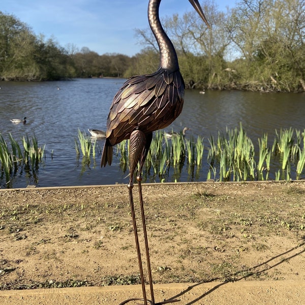 Large Bronze Metal Heron Garden Sculpture 107cm with blue eye with ground peg