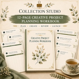 May include: A 12-page creative project planning workbook titled Collection Studio, featuring a botanical illustration on the cover. The set includes various loose-leaf planning pages, a teacup on a saucer, and a gold pen, all with a green and cream theme.