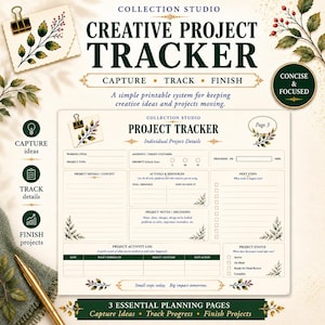 May include: A printable project tracker document featuring sections for project details, AI tools, next steps, and an activity log. The page includes the text Collection Studio Project Tracker, Individual Project Details, and Small steps today. Big impact tomorrow.