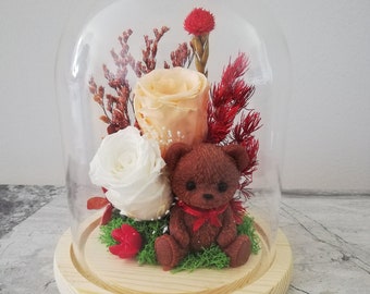 Handmade teddy bear,Preserve flower,Dry flower arrangement,Eternal flower,Home decor,Flower bouquet,Glass dome,Birthday for her,Holiday gift