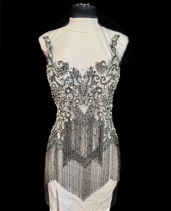 silver beaded fringe dress ASHLEYlauren 11766 Fully Beaded Fringe Midi Dress main image 0