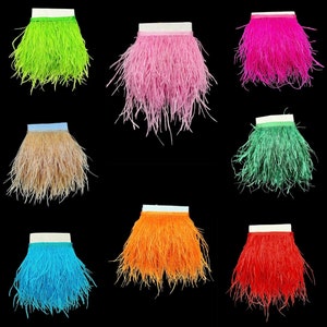May include: Assortment of 10 yards of feather trim in various colours, including green, pink, brown, orange, blue, and red. The feather trim is soft and fluffy, perfect for adding a touch of elegance to any project.