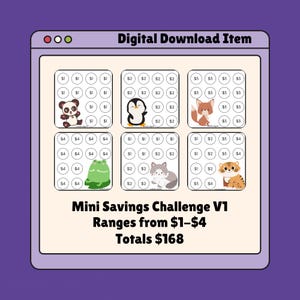 Può includere: Articolo digitale da scaricare. Mini sfida di risparmio con importi da 1€ a 4€, per un totale di 168€. Il design include illustrazioni di un panda, un pinguino, una volpe, una rana, un gatto e una tigre, ciascuno con importi.