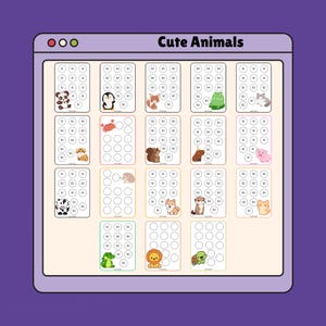 May include: A digital savings tracker sheet titled Cute Animals featuring a grid of rectangular cards. Each card contains circular slots with dollar amounts and illustrations of animals including a panda, penguin, frog, cat, pig, cow, and lion.