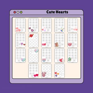May include: A digital savings tracker sheet titled Cute Hearts featuring nineteen individual rectangular grids. Each grid contains twelve circles with various dollar amounts and colorful heart-themed illustrations, including animals, robots, and rainbow hearts.