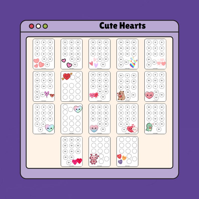 May include: A digital savings tracker sheet titled Cute Hearts featuring nineteen individual rectangular grids. Each grid contains twelve circles with various dollar amounts and colorful heart-themed illustrations, including animals, robots, and rainbow hearts.