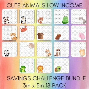 Cute Animals Low Income Savings Challenge Bundle 3inx3in 18 pack | Digital Download