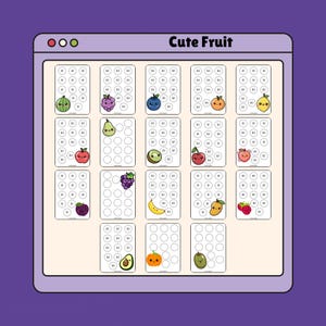 May include: A digital graphic titled Cute Fruit featuring a grid of seventeen rectangular cards. Each card displays a cartoon fruit character and a series of circles containing dollar amounts, including a watermelon, grapes, blueberry, orange, lemon, pear, kiwi, cherry, peach, plum, banana, mango, raspberry, avocado, pumpkin, and olive.