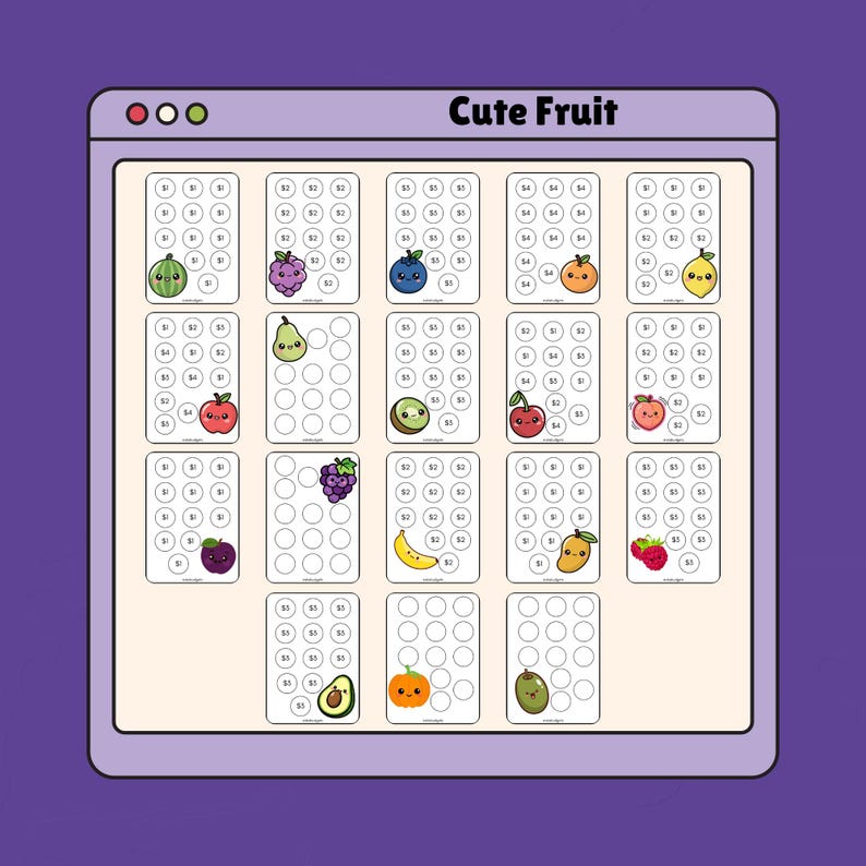 May include: A digital graphic titled Cute Fruit featuring a grid of seventeen rectangular cards. Each card displays a cartoon fruit character and a series of circles containing dollar amounts, including a watermelon, grapes, blueberry, orange, lemon, pear, kiwi, cherry, peach, plum, banana, mango, raspberry, avocado, pumpkin, and olive.