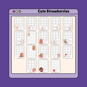 May include: A digital savings tracker sheet titled Cute Strawberries, featuring a grid of nineteen rectangular cards. Each card contains rows of circles with dollar amounts and small illustrations of animals holding strawberries.