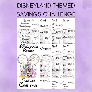 May include: A Disneyland themed savings challenge tracker printed on white paper. The document features sections labeled 1 through 6, listing various attractions with corresponding dollar amounts and empty circles for marking progress, alongside a colorful illustration of Disney characters in front of a castle.