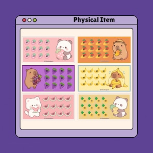 May include: A set of six rectangular savings tracker cards labeled Physical Item, featuring cartoon animals and fruit icons with $1 symbols. The designs include a panda with strawberries, a capybara with mangoes, a capybara with grapes, a capybara in a banana suit, a cat with watermelon, and a panda with pineapples.