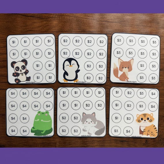 Cute Animals Low Income Savings Challenge Bundle (Set of 6) 3inx3in