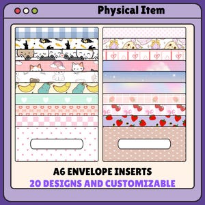 May include: A collection of A6 envelope inserts with various designs, including cats, bananas, strawberries, and hearts. The inserts are customizable and feature the text "A6 ENVELOPE INSERTS" and "20 DESIGNS AND CUSTOMIZABLE". The overall color scheme is pastel.
