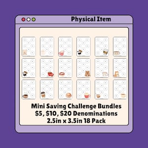 May include: A set of 18 mini saving challenge cards measuring 2.5 inches by 3.5 inches. Each card features circles with $5, $10, or $20 denominations and cute beverage-themed illustrations. The text reads Physical Item, Mini Saving Challenge Bundles.