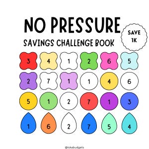 May include: A savings challenge book page titled NO PRESSURE SAVINGS CHALLENGE BOOK with the text SAVE 1K. It features a grid of colorful shapes including clover-like icons, circles, and teardrops, each containing a single digit number.