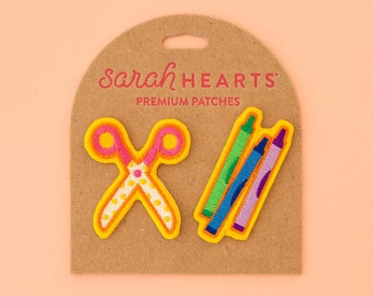 Art Supply Embroidered Patches - Scissors and Crayons - 2 Pack