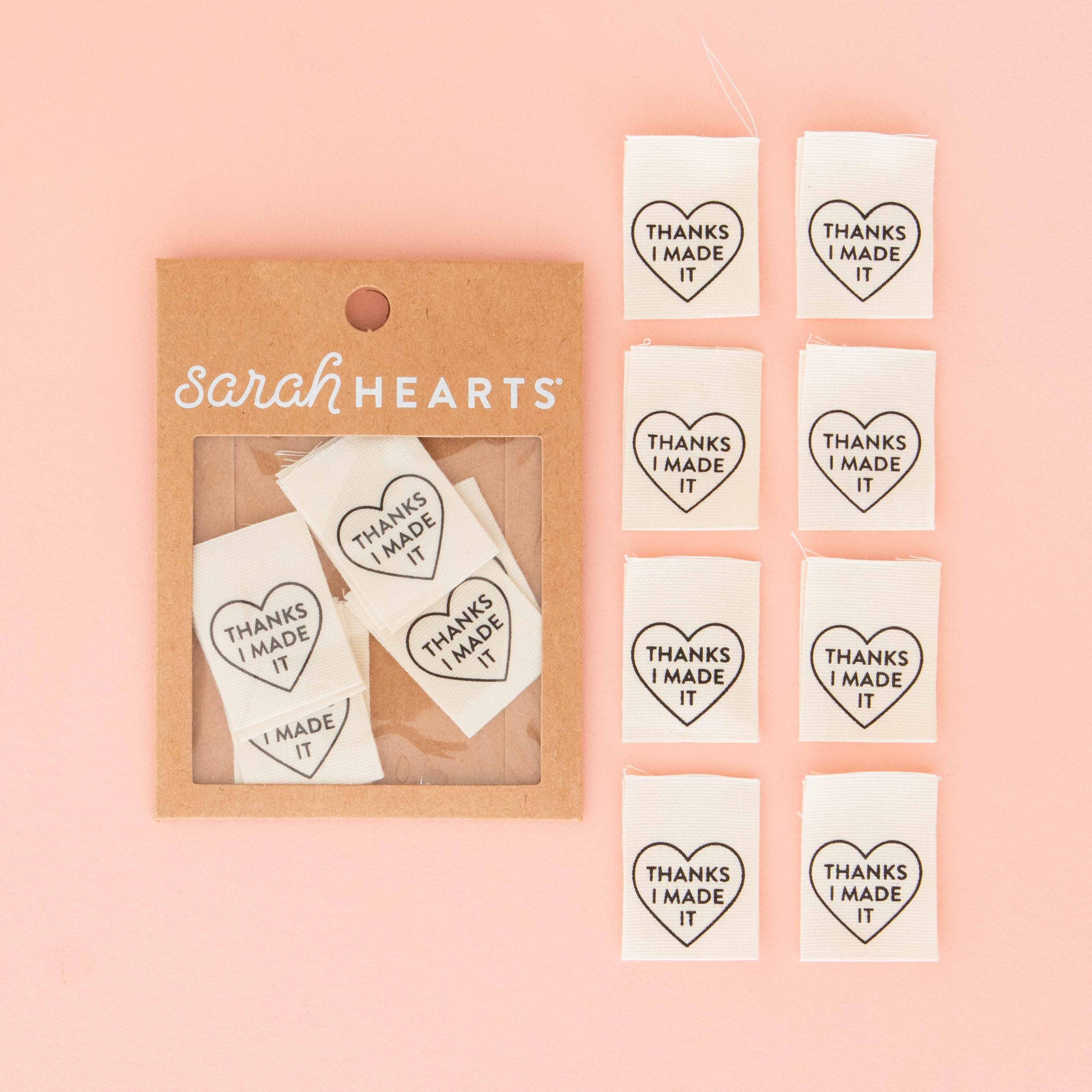 Thanks I Made It Heart Sewing Labels  - 8 Pack - Organic Cotton - Clothing Labels - Quilt Labels - Sewing Gift