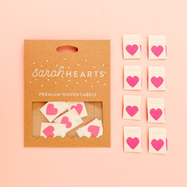 Pink Heart Woven Labels - 8 Pack - Sewing Labels for Clothes and Quilts - Sewing Gift