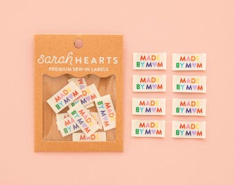 Hergestellt von Mama, gewebte Nähetiketten in Regenbogenfarben von Sarah Hearts