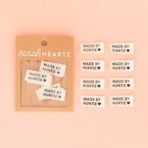 Etiquetas de costura de algodón orgánico Made by Auntie - Paquete de 8 - Etiquetas para ropa y quilts