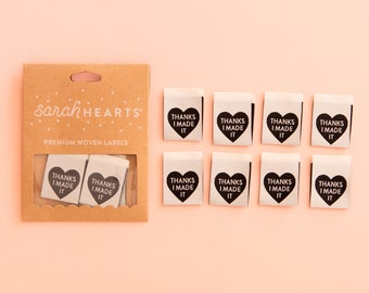 Thanks I Made It Black Heart Woven Labels - 8er Pack - Nähetiketten für Kleidung - Geschenk nähen