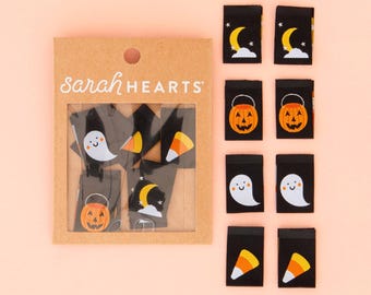 Halloween Icons multipack geweven labels - 8 stuks - naailabels voor kleding en quilts - naaicadeau - pompoen, spook, mais en maan