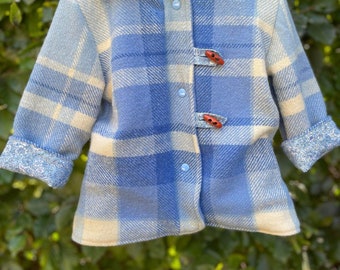 Childrens Vintage Coat Blue Check Size 1 100% wool, cotton lined