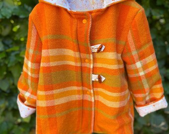 Childrens Vintage Coat Orange Check Size 4 100% wool, cotton lined