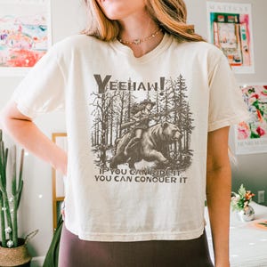 Bear Vintage Shirt, Retro Cowgirl Bear Croptop, Vintage Hiking Shirt, Trendy Graphic Shirt, Retro Distressed Shirt, Gifts, Comfort Colors
