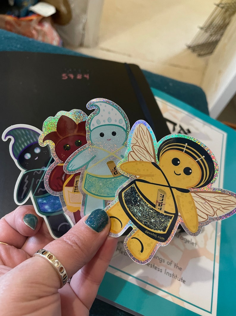 Four adorable Jewish elemental creature stickers (Memunim)