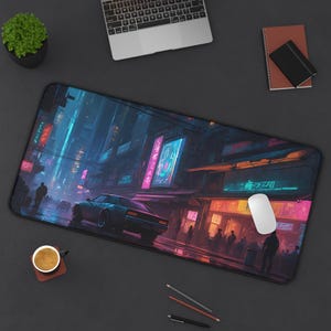 Futuristic Cyberpunk Car Night Cityscape Theme Desk Mat#1