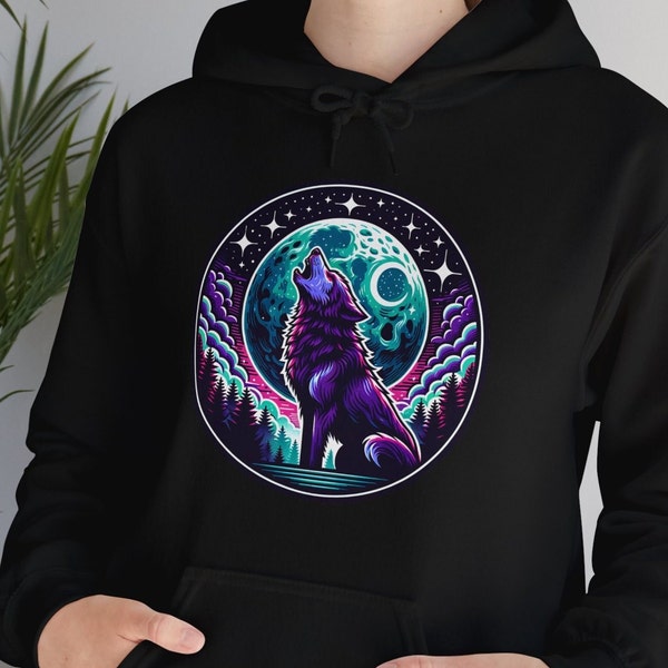 Purple Werewolf Howling at a Teal Moon & Stars Hoodie Stand Out Unique Style Graphic Design Perfect Gift For Him Wolf Sweatshirt Pack Leader