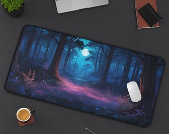 May include: A dark blue and purple mouse mat featuring a forest scene with a full moon. The scene is illuminated by the moon and shows a path leading into the forest.