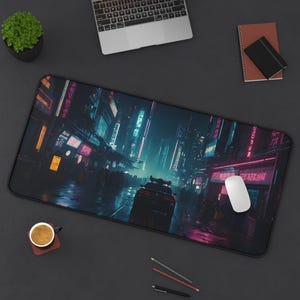 Futuristic Cyberpunk Car Night Cityscape Theme Desk Mat#3