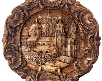 Passau Carved Wooden Wall Plate | German Souvenir Decor | Bavaria Wood Carving | Europe City Art