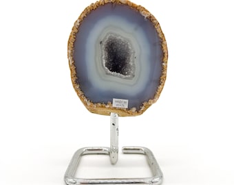 Agate Geode in Metal Stand, Brazil crystal, gift, home decor, natural rock