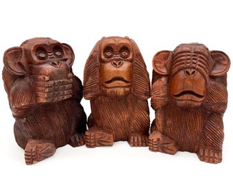 Wise Monkey Figures (M), Set of 3, Wood Statues, Home Decor, Monkey Statue
