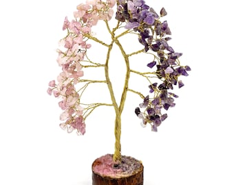 Amethyst Rose Quartz Crystal Tree, 300 Chips Gemstone, Natural Wood Base