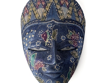 Hand Painted Wooden Face Mask | Balinese Wall Decor | Floral Folk Art | Boho Wall Hanging