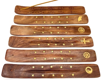 Wood Carved Incense Holder - Brass Inlay, Sheesham Decor